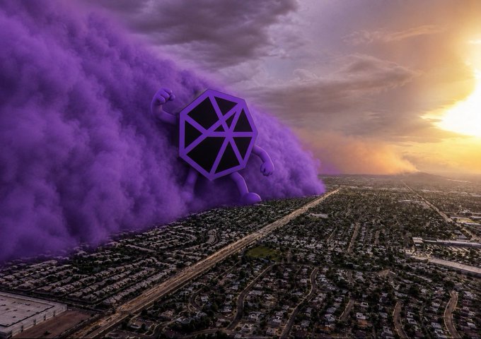 A colossal purple Polygon (MATIC) mascot, its blocky body shrouded in a massive plume of purple smoke, towers menacingly over a sprawling suburban landscape. The whimsical giant embodies the poster's ominous "not if but when gm" warning, suggesting an imminent and dramatic disruption is coming.