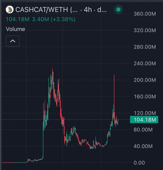 A candlestick chart for CASHCAT/WETH showing a 4-hour timeframe with volume indicators, currently at 104.18M (up 3.38% to 3.40M) and a market cap of $360M, paired with a playful post about cat-themed cryptocurrencies on International Cat Day.