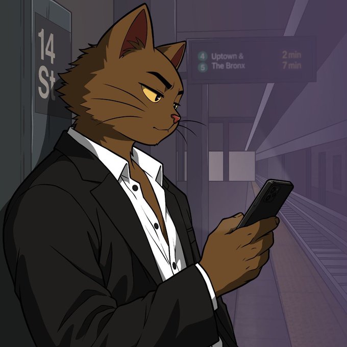 An anthropomorphic brown cat in a black suit stands in a subway station, looking at a smartphone, with signs indicating '14 St' and train lines '4 Uptown & Bronx' and '2, 5 The Bronx'.