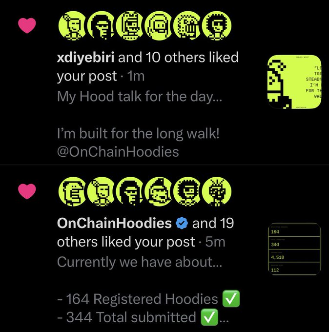 Screenshots of social media posts from "xdiyebiri" and the verified "OnChainHoodies" account, featuring pixel-art avatars and stats like "164 Registered Hoodies" and "344 Total submitted".