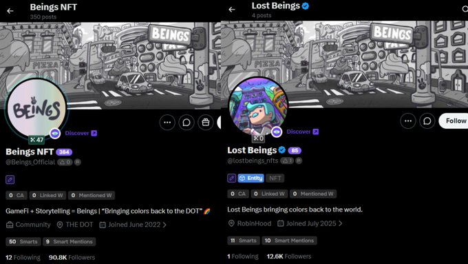 Two Twitter/X profile screenshots side by side: 'Beings NFT' (@Beings_Official) on the left and 'Lost Beings' (@lostbeings_nfts) on the right, both featuring similar grayscale cityscape banner artwork with the word 'BEINGS'.