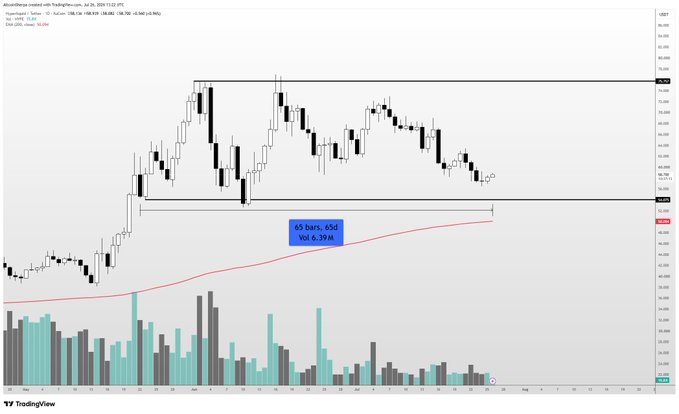 A daily candlestick chart of $HYPE shows the price consolidating in a tight range, with a TradingView user annotation highlighting "45 bars, 46d Vol 6.39M" near the $52-54 support zone, while the 100 SMA (in red) curves upward at $39.58 — visually reinforcing the post's view that the mid-$50s and lower represent a buying opportunity before a potential run to $100.