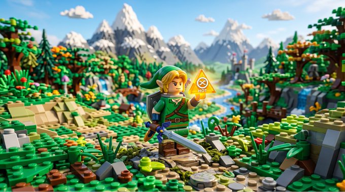 A LEGO diorama features a Link figurine holding a sword and a glowing triangular Triforce-like emblem with a symbol inside, set against a vibrant green landscape with mountains.