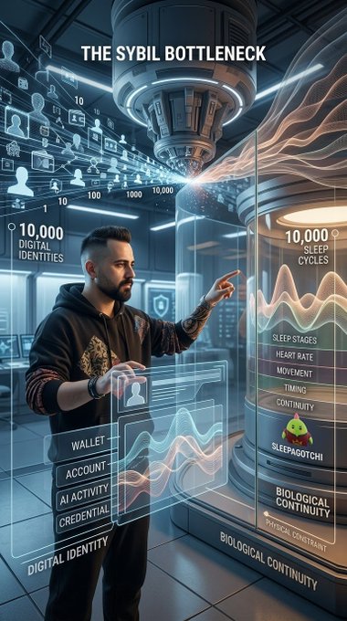 Futuristic sci-fi illustration titled 'THE SYBIL BOTTLENECK' showing a man in a black hoodie interacting with holographic interfaces displaying digital identity data, wallet information, and 10,000 sleep cycles.