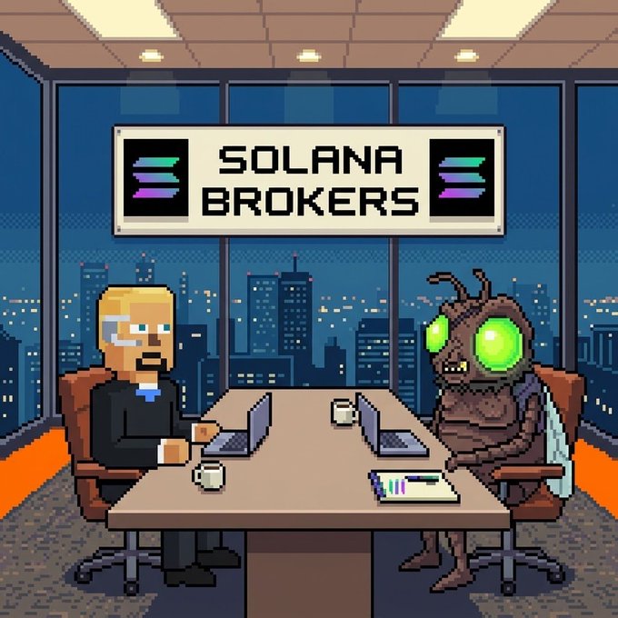 A pixel art image of a suited man and a cockroach in a meeting room, with a sign reading "SOLANA BROKERS" on the wall.