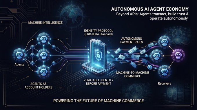 An infographic titled "AUTONOMOUS AI AGENT ECONOMY" illustrates how AI agents with machine intelligence identities transact through verifiable identity protocols and autonomous payment rails, connecting agents as account holders to receivers for machine-to-machine commerce.