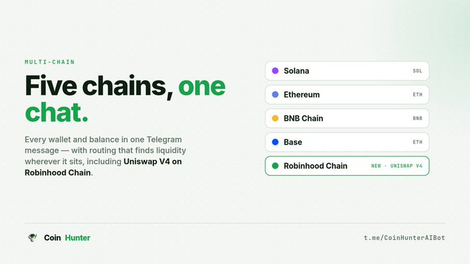 A promotional graphic for Coin Hunter advertising a multi-chain Telegram bot, highlighting 'Five chains, one chat' with support for Solana (SOL), Ethereum (ETH), BNB Chain (BNB), Base (ETH), and Robinhood Chain (with Uniswap V4).