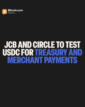 The image is a Bitcoin.com News headline graphic announcing "JCB AND CIRCLE TO TEST USDC FOR TREASURY AND MERCHANT PAYMENTS," which relates to the accompanying post about JCB signing an MOU with Circle to explore USDC stablecoin for cross-border treasury operations and merchant payments, starting with a proof of concept involving JCB's 140M users and 40M merchants.