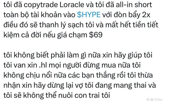 Text written in an unknown language, with a few English words added for clarity. The title of the photo says "Một user van xin mọi người đừng mua HYPE nữa. Vì anh ấy đã all in toàn bộ tiết kiệm cả đời để short าม กรอง. Hoước vânh xin gia kháng sì chúy có thàn vânh mất kháng tại kháng dẫn.", which appears to be a description of the image.