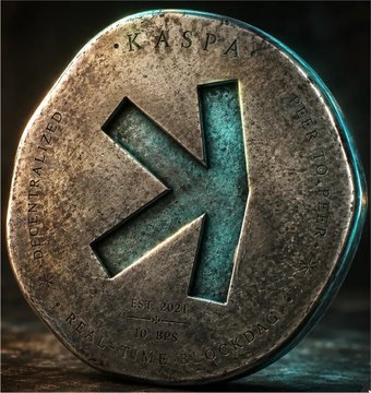 A weathered bronze Kaspa ($KAS) coin displaying the "K" logo, along with inscriptions "DECENTRALIZED," "REVOLUTION," "EST. 2021," and "10 BPS," visually representing the cryptocurrency featured in the post about a 500k account discussing KAS.