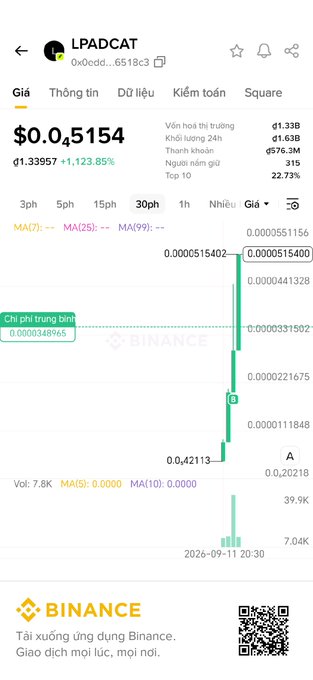A Binance cryptocurrency price chart for the token LPADCAT (0x0cdd...), showing a dramatic price spike of over 1,123% with the current price at $0.05154.