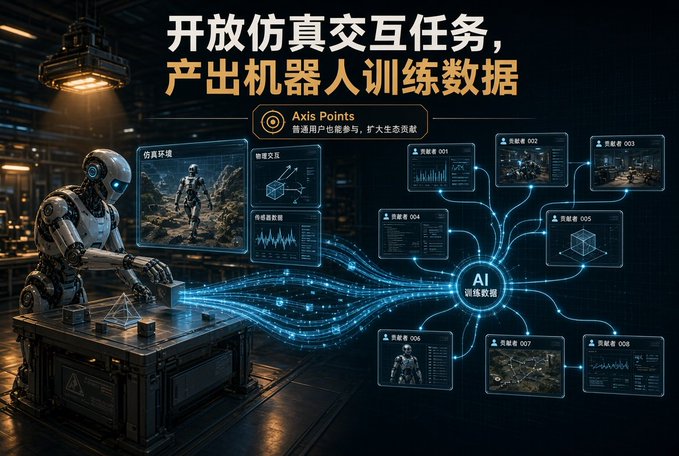 A futuristic sci-fi graphic shows a humanoid robot working at a table, with Chinese text reading '开放仿真交互任务，产出机器人训练数据' (Open simulation interaction tasks, produce robot training data) and labels including 'Axis Points', 'AI 训练数据' (AI training data), and various '贡献者' (Contributor) panels numbered 001-008.