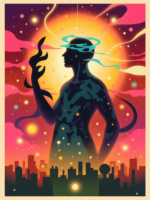 A colorful, stylized illustration of a silhouette figure with a glowing sun behind it, set against a backdrop of a cosmic sky and a city skyline at the bottom.