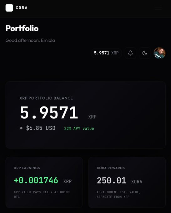 A dark-themed "Portfolio" dashboard for XORA displays an XRP portfolio balance of 5.9571 XRP (~$6.85 USD) with a 22% APY, alongside daily XRP earnings of +0.001746 and 250.01 XORA rewards. The image illustrates the post's point about "invisible" yield design—showing a clean, hands-off interface where earnings accrue daily at 00:00 UTC with no claim buttons or lockups required.