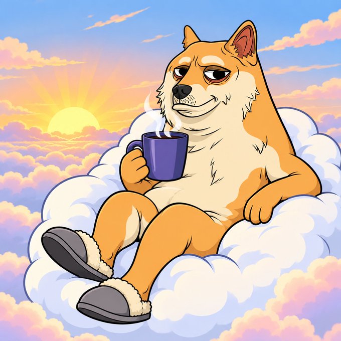 Illustration of a Shiba Inu dog wearing slippers, relaxing on a cloud while drinking from a purple mug at sunset.