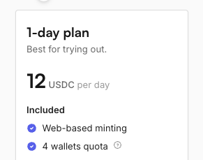A pricing card for a 1-day plan at 12 USDC per day, featuring web-based minting and a 4 wallets quota. The post announces the reopening of UmiBot subscriptions, limited to 1-day plans for trying out the service.