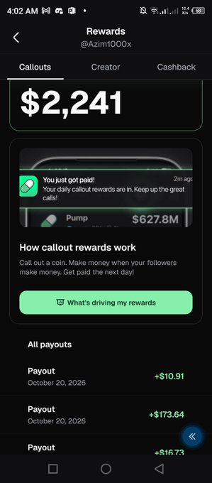 A dark-themed “Rewards” screen for “@Azim1000x” shows “Callouts,” a large “$2,241” total, a payout notification, and entries such as “Payout +$10.91” and “Payout +$173.64.”