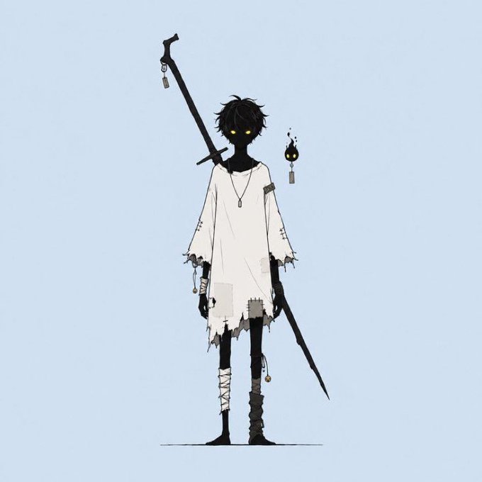 An anime-style illustration of a dark, silhouetted character with glowing yellow eyes, wearing tattered white clothing and holding a long sword against a light blue background.