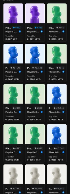 A screenshot displaying a grid of NFT listings featuring purple, blue, and green 3D astronaut figures with prices in ETH, including 'Top offer 0.007 WETH' and '0.0005 WETH'.