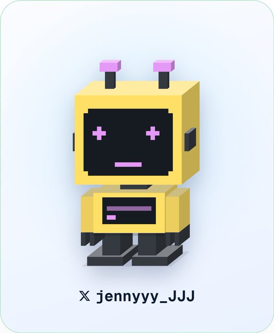 A 3D voxel-style character card featuring a yellow robot with pink antennas and pixelated facial features, labeled 'X jennyyy_JJJ'.