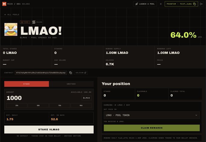 A cryptocurrency staking interface displays a pool token 'LMAO!' on PHANTOM network with 64.0% APR, showing a staking position of 1000 $LMAO yielding 1.75 daily with 52.6 days estimated.
