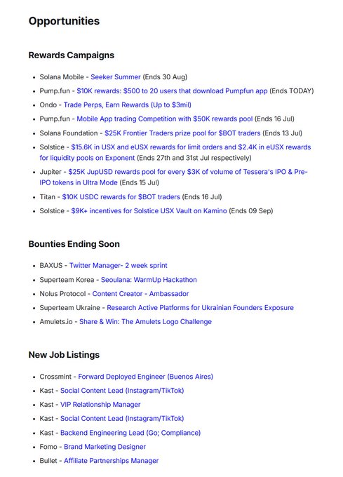 The image is a curated list of Solana ecosystem opportunities, including rewards campaigns (e.g., Pump.fun's $10K rewards, Solstice's $15.6K+ eUSX giveaways), bounties from projects like BAXUS and Nolus Protocol, and new job listings at companies such as Crossmint, Kast, and Forno. It reinforces the post by showcasing the variety of ways to engage with Solana—from trading competitions and hackathons to ambassador roles and engineering positions.