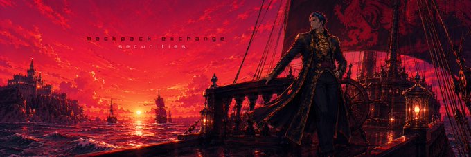 A dark, atmospheric fantasy artwork titled 'Backpack Exchange securities' depicting a pirate captain on a ship deck with a red sail against a blood-red sunset over the ocean.