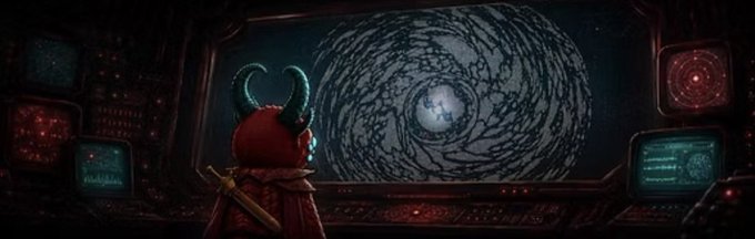 An animated scene showing a small red horned character looking at a large screen displaying a swirling dark vortex or galaxy pattern inside a dark control room.