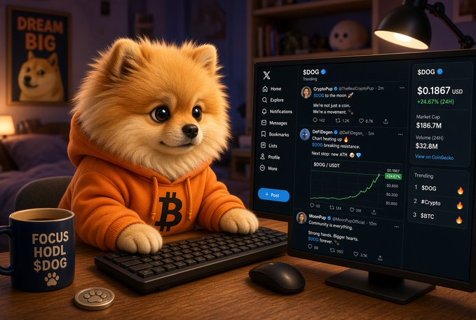 A digital illustration of a Pomeranian dog wearing an orange Bitcoin hoodie, sitting at a desk with a keyboard and a 'FOCUS HODL $DOG' mug, viewing a trading screen showing $DOG trending with +24.67% (24H) at $0.1867 USD.