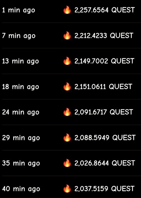 A screenshot showing a list of QUEST token burn transactions over the past 40 minutes, with amounts ranging from 2,026 to 2,257 tokens (totaling over 16k tokens) removed from supply at intervals of roughly 5-6 minutes, each marked with a flame emoji 🔥. The image visually confirms the post's claim about autonomous token burning via mining protocol revenue, illustrating the perpetual deflationary mechanism at work just ahead of the platform's full launch.