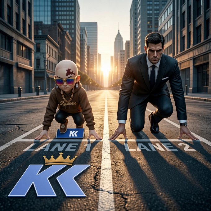 An animated-style illustration shows two figures in starting positions at 'LANE 1' and 'LANE 2' on a city street, with a 'KK' logo and crown at the bottom; one figure wears a 'Realness' hoodie.