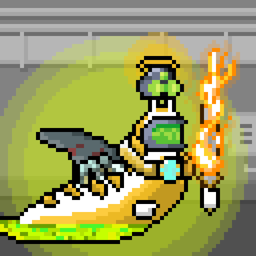 A pixel art illustration of a futuristic, gold-accented vehicle or mech with green circular windows and flame effects, set against a yellow-green glowing background.