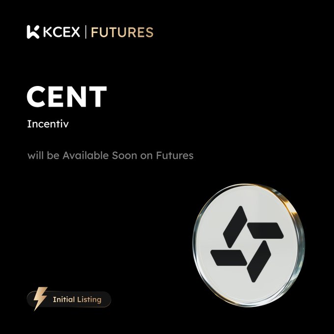 A promotional graphic with text reading "KCEX | FUTURES", "CENT", "Incentiv", and "will be Available Soon on Futures" alongside an "Initial Listing" badge and a 3D logo coin.