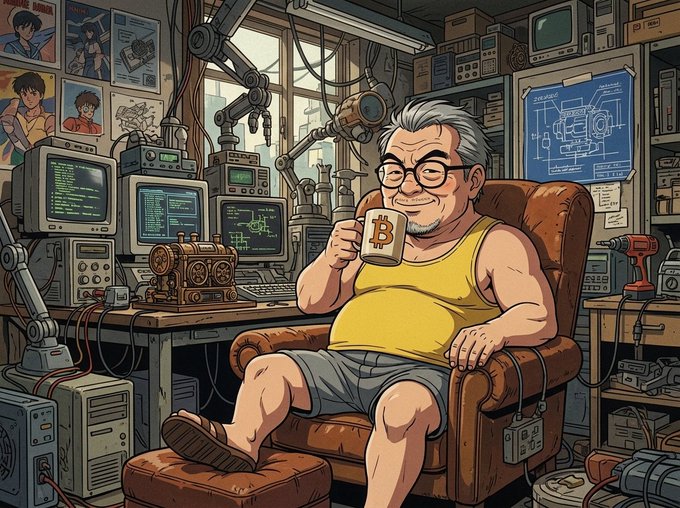 A cartoon depiction of an older man in a yellow tank top relaxing in a chair, sipping from a Bitcoin mug, surrounded by a cluttered workshop filled with retro computer monitors and electronic equipment.