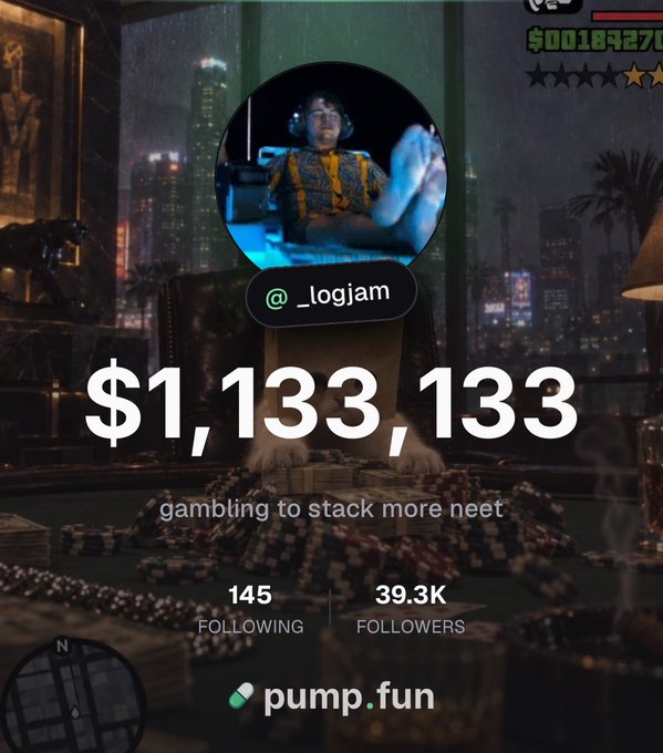 A profile page for @_logjam shows a portfolio total of $1,133,133 with the caption "gambling to stack more neet," featuring stats of 145 following and 39.3K followers on pump.fun. The post reflects on the portfolio crossing over $1 million and offers perspective on leaderboards in the trading community.