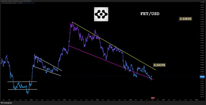 A cryptocurrency chart displaying 'FET / USD' on TradingView, showing a descending wedge pattern with price points marked at 3.33835 and 0.24319.