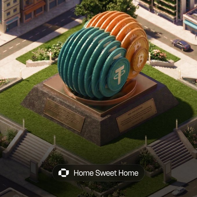 A 3D-rendered diorama of a city plaza featuring a large monument shaped like stacked cryptocurrency coins, prominently displaying logos for 'B' (Bitcoin), 'ETH', and 'USDT'. A black UI button at the bottom reads 'Home Sweet Home' next to an icon.