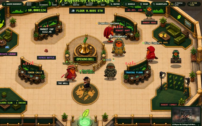 A pixel-art style virtual trading floor game scene featuring meme characters like 'Froggelus maximus' and 'Daffgogwhale' around a central 'OPENING BELL' showing 'FLOOR 0.0895 ETH'.