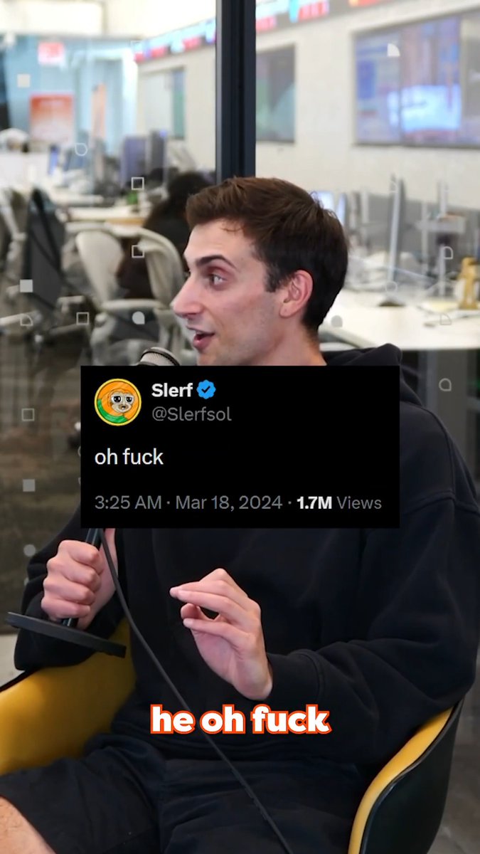A young man in a black hoodie is shown mid-speech during a podcast or interview, with a screenshot of a tweet from verified user @Slerfsol reading "oh fuck" (1.7M views, Mar 18, 2024) overlaid on the image. The caption "he oh fuck" appears at the bottom, humorously connecting the post's question about Slerf lore to the viral tweet referenced in the interview.