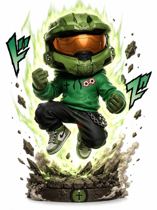 The image features a green-skinned cartoon character with a green helmet that has a skull design on top of it. The character appears to be jumping or running, surrounded by rocks and debris. In the background, there are two texts written in white letters that read "Gm CT If you'r an art collector and you don't have froglings nft yet, your portfolio is still empty".