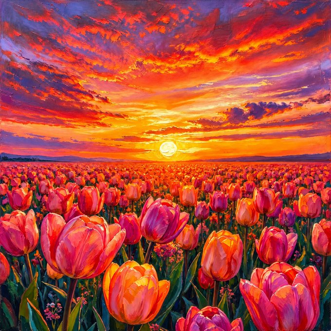 A vibrant, painterly illustration of a field of pink and orange tulips under a dramatic, fiery red and orange sunset with a bright sun on the horizon.
