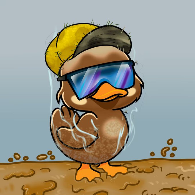 A cartoon illustration of a brown duck wearing a yellow and black backward cap and large sunglasses with a purple reflection, smoking a cigarette in a muddy puddle with wisps of smoke rising around it.