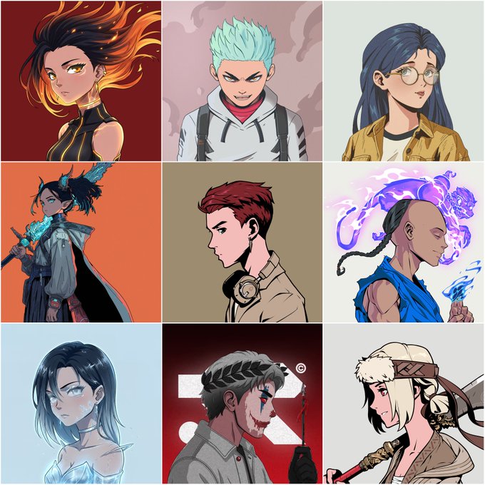 A 3x3 grid of nine anime-style character portraits featuring various fantasy and modern characters with distinct hair colors and outfits.