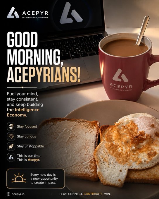 An advertisement for 'ACEPYR Intelligence Economy' features the text 'GOOD MORNING, ACEPYRIANS!' alongside an image of coffee, toast, eggs, and a laptop with the Acepyr logo.