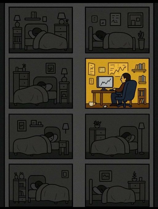 A 4x2 grid illustration showing seven panels of people sleeping in their beds in dark rooms, while one contrasting panel shows a person working at a computer screen in a brightly lit yellow room.