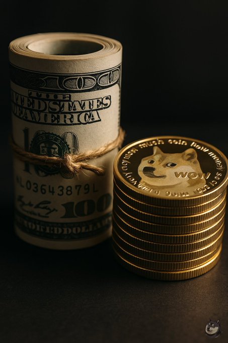 The image features a stack of US dollar bills, with one bill being a gold-colored $100 bill. On top of this stack are two coins - one of which has a cartoon doge face printed on it. The text "I want all of my $doge fam to get rich." is written in the caption below the image.