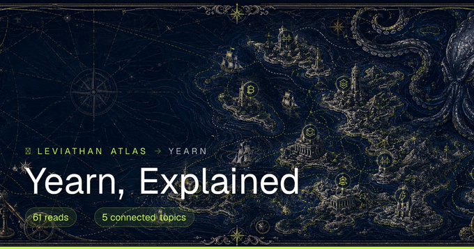 A dark fantasy map-style image with the text 'LEVIATHAN ATLAS → YEARN' and 'Yearn, Explained' along with '61 reads' and '5 connected topics' displayed.