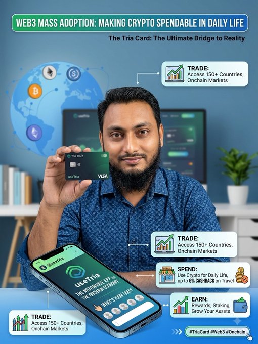 A promotional image for 'Web3 Mass Adoption: Making Crypto Spendable in Daily Life' featuring the Tria Card, showing a man holding the Visa card with app features for trading, spending, and earning rewards.