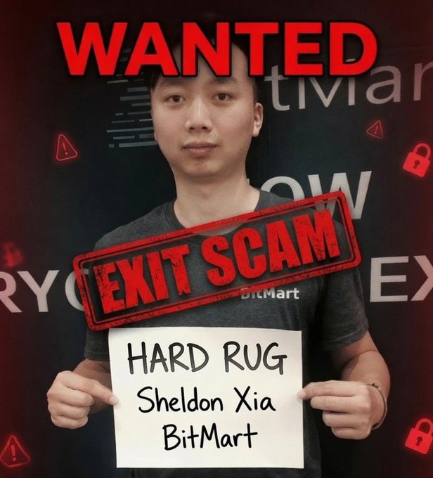 The image is a "WANTED" poster-style graphic labeling Sheldon Xia, founder of BitMart, as having committed an "EXIT SCAM," with the sign below reading "HARD RUG, Sheldon Xia, BitMart." It visually amplifies the post's accusation by branding the crypto exchange's leadership as a scammer, calling on victims to report the situation to authorities like the FBI or Interpol after allegedly being unable to withdraw funds for over a week.