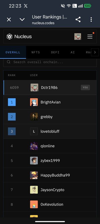 A mobile screenshot of nucleus.codes displaying user rankings with the current user "Dctr1986" at rank 6059 and top users like "BrightAvian" at rank 1.